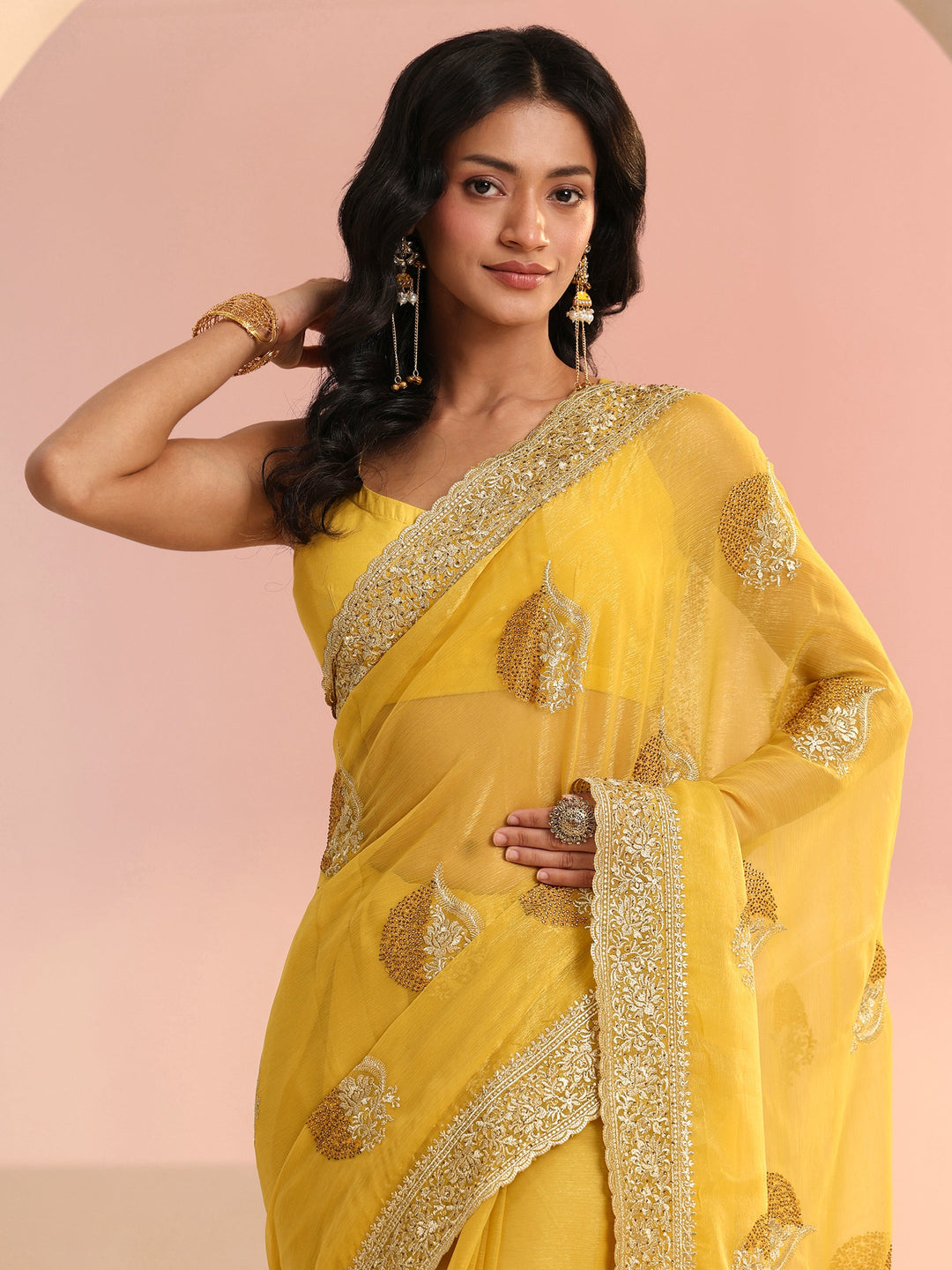  Libas Yellow Embroidered Chiffon Saree 