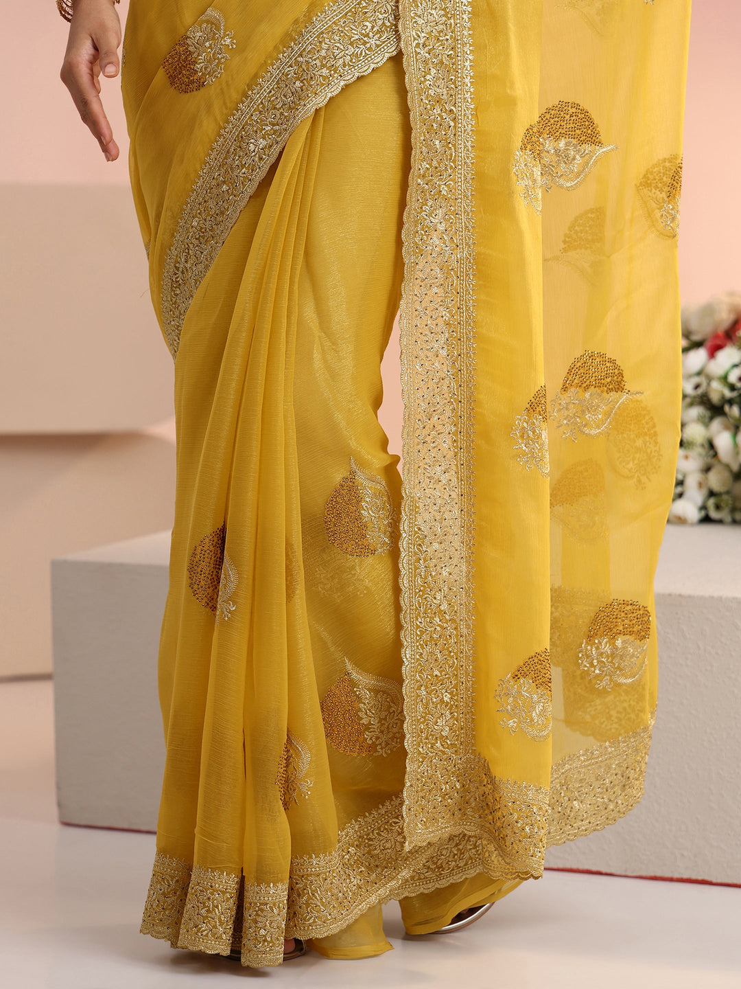  Libas Yellow Embroidered Chiffon Saree 