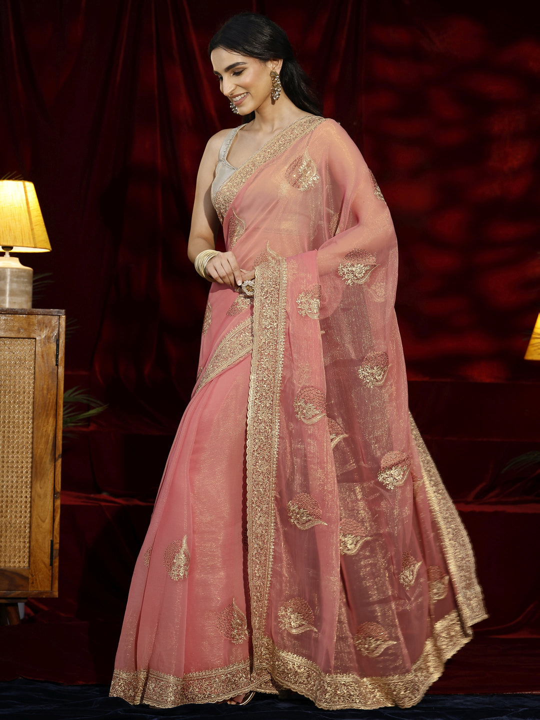  Libas Pink Floral Embroidered Chiffon Saree 
