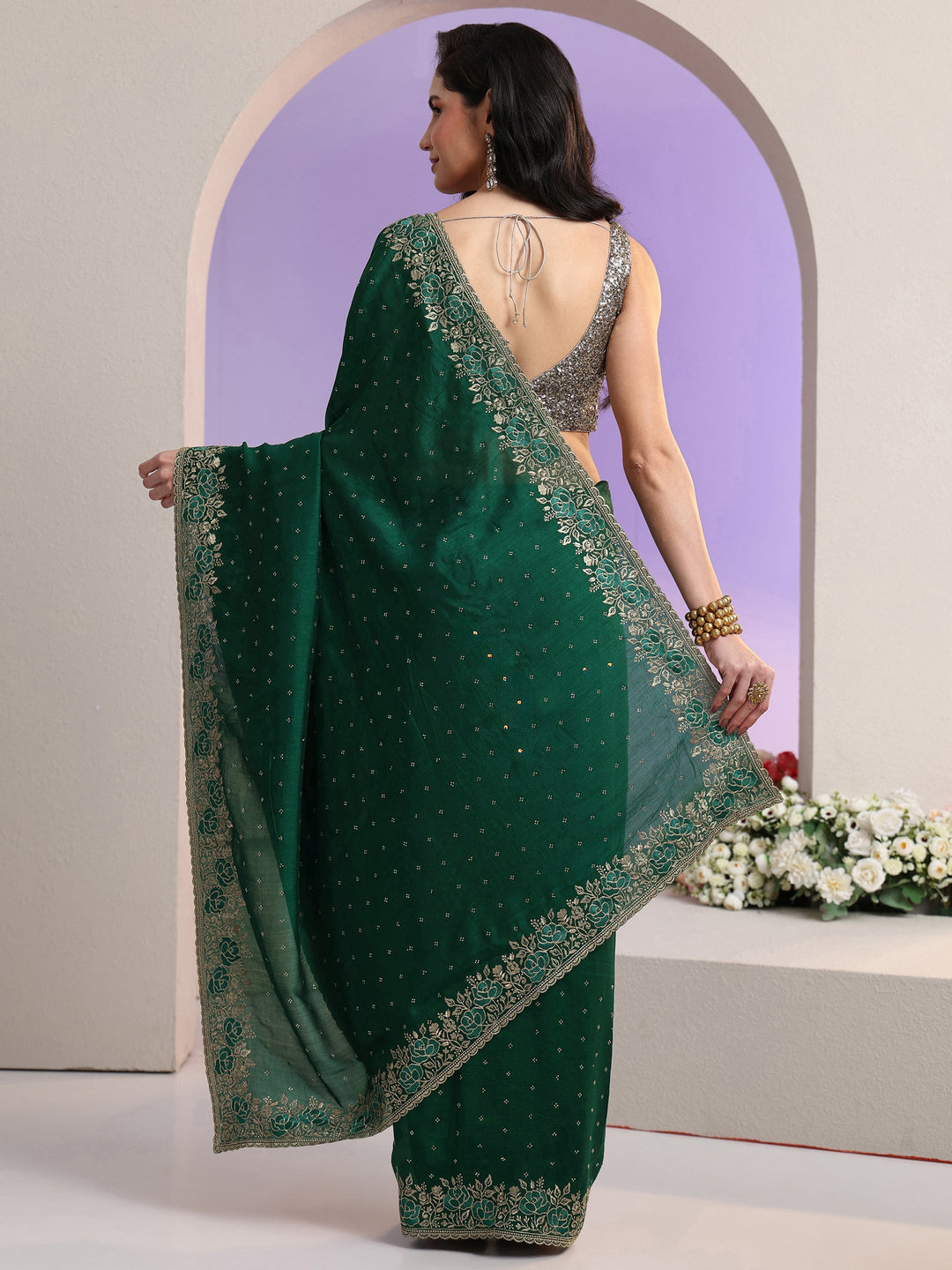  Libas Bottle Green Stone Work Embelllished Silk Blend Saree 