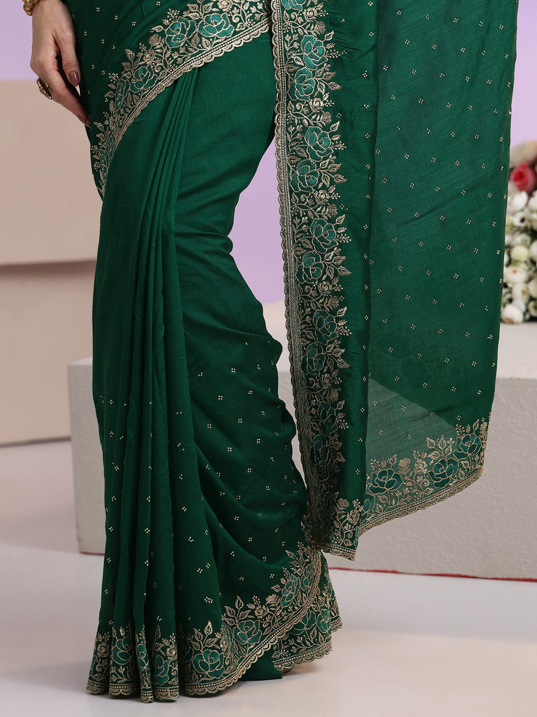  Libas Bottle Green Stone Work Embelllished Silk Blend Saree 