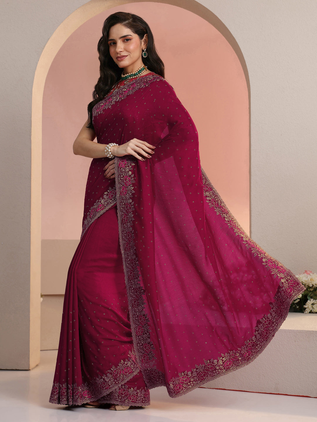  Libas Rani Pink Stone Work Embelllished Silk Blend Saree 