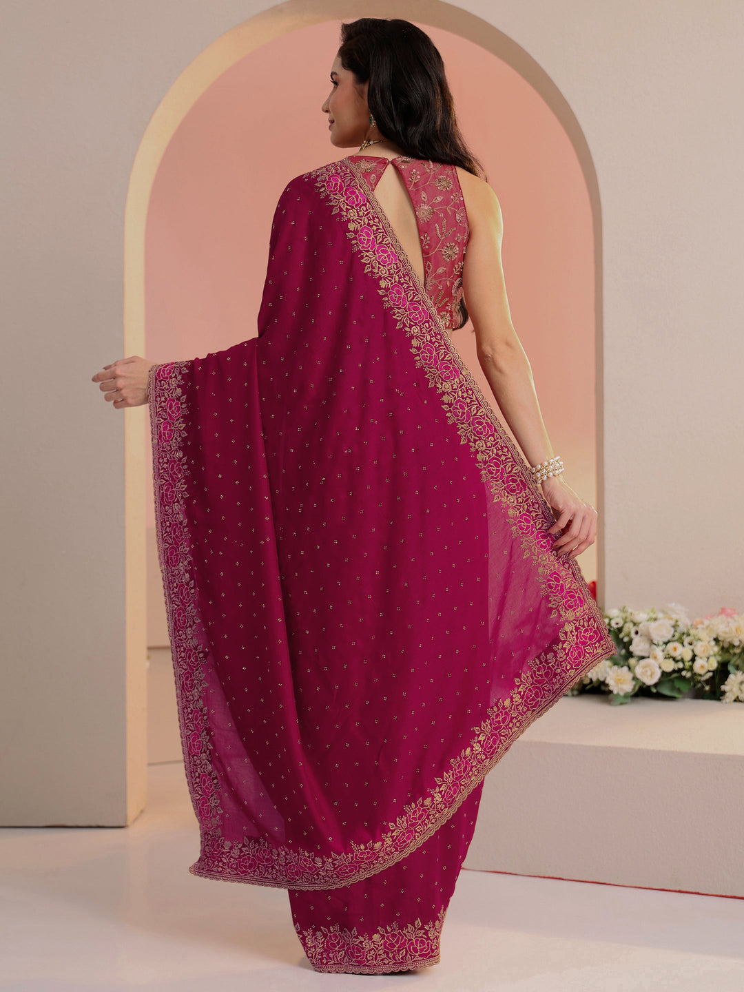  Libas Rani Pink Stone Work Embelllished Silk Blend Saree 