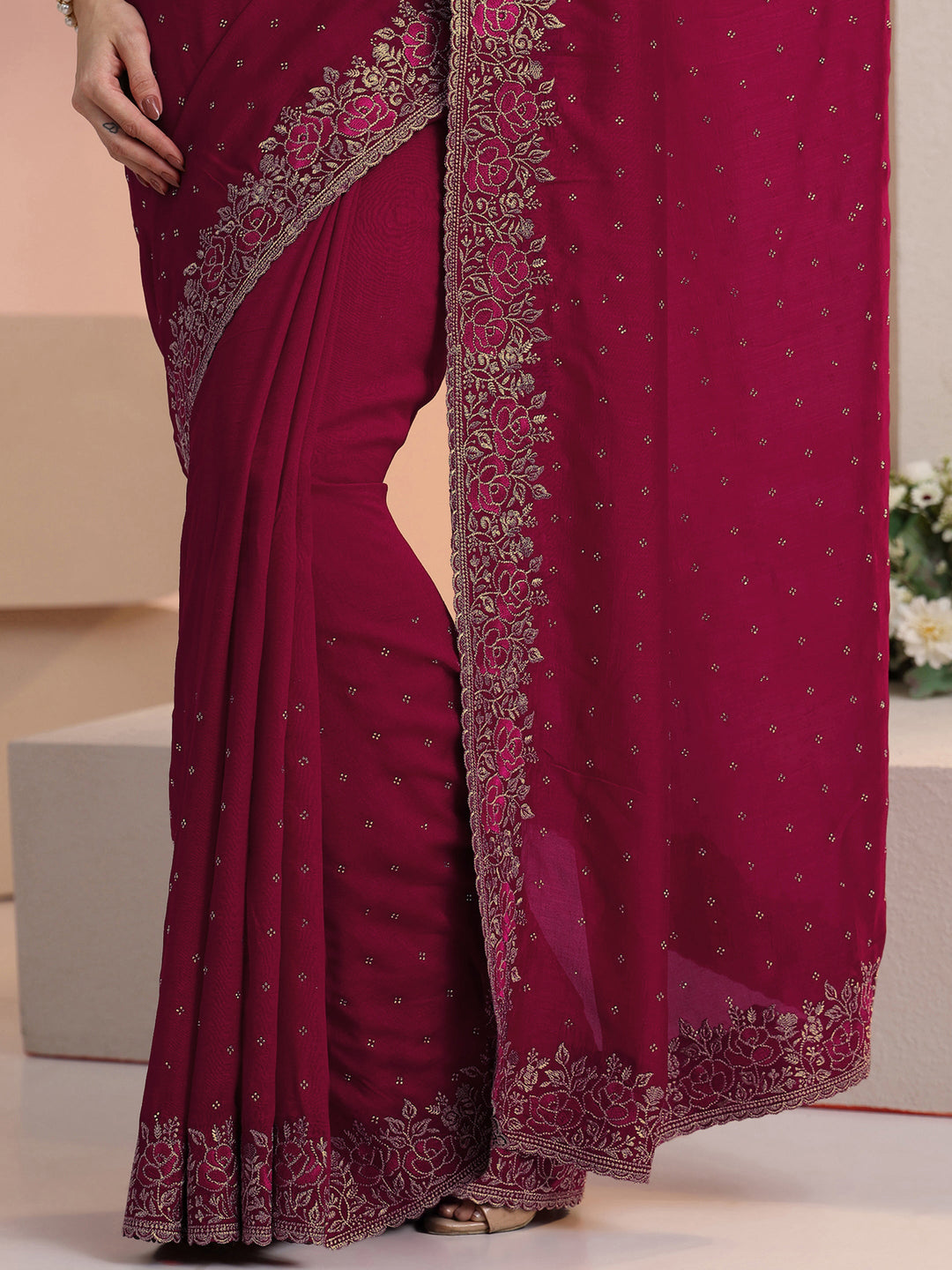  Libas Rani Pink Stone Work Embelllished Silk Blend Saree 