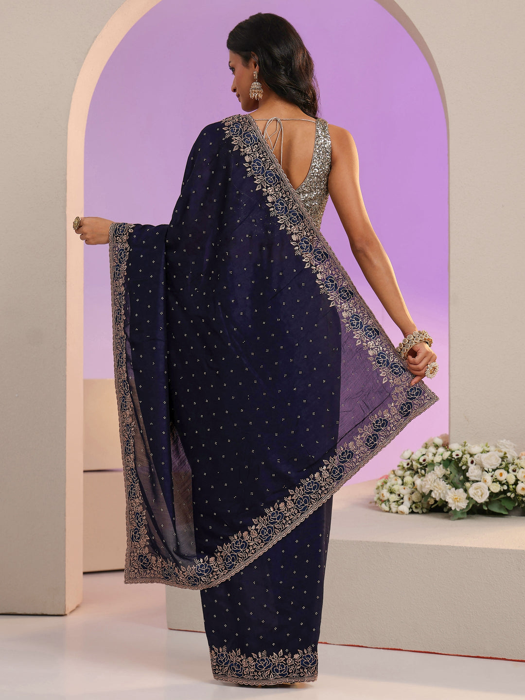 Libas Navy Blue Stone Work Embelllished Silk Blend Saree 
