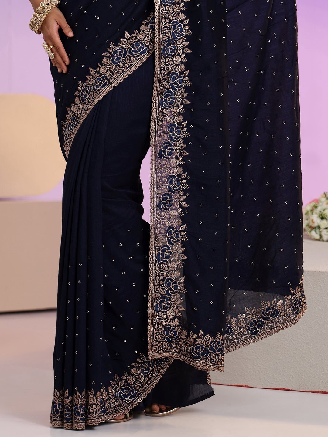  Libas Navy Blue Stone Work Embelllished Silk Blend Saree 
