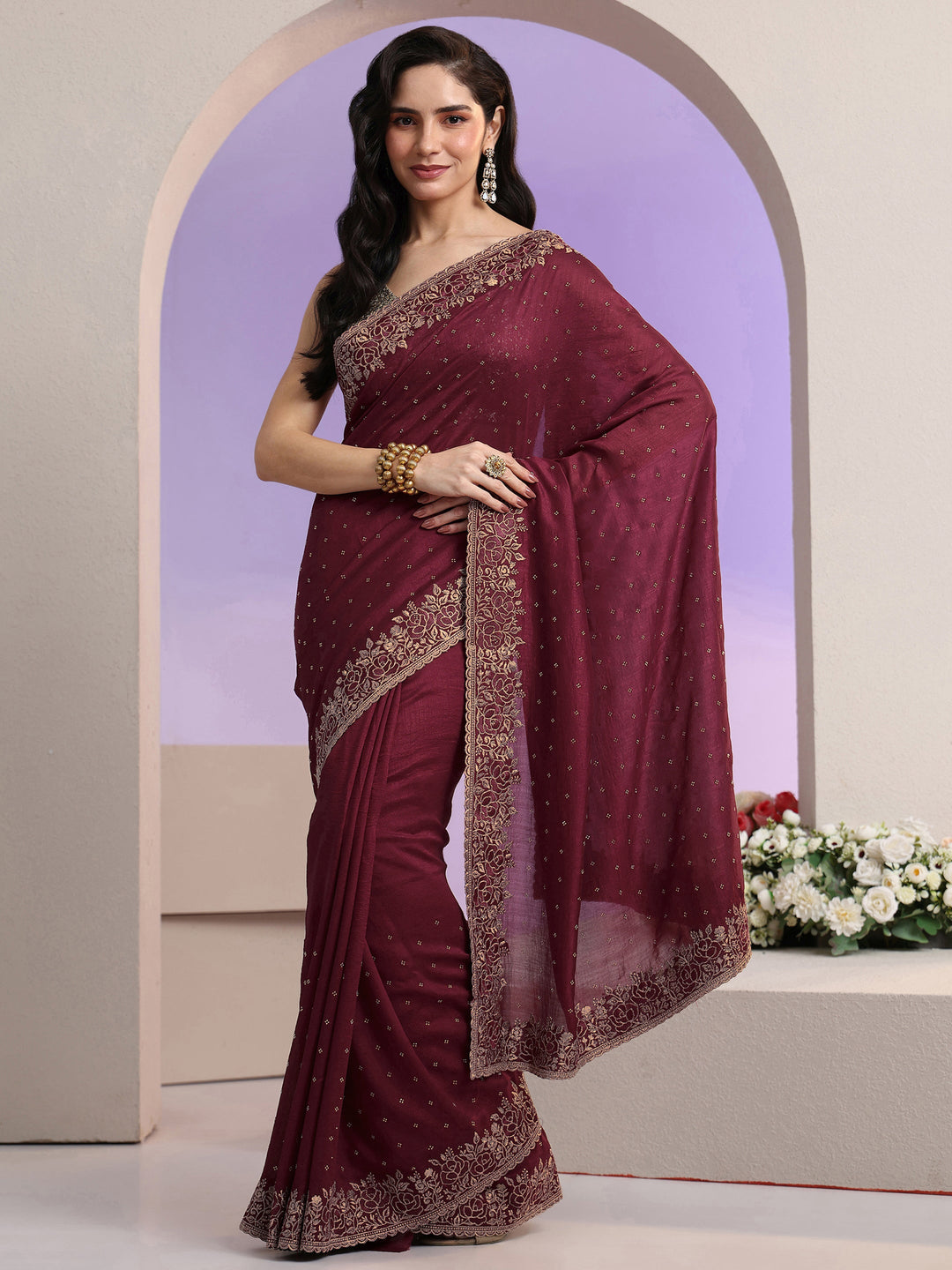  Libas Maroon Stone Work Embelllished Silk Blend Saree 