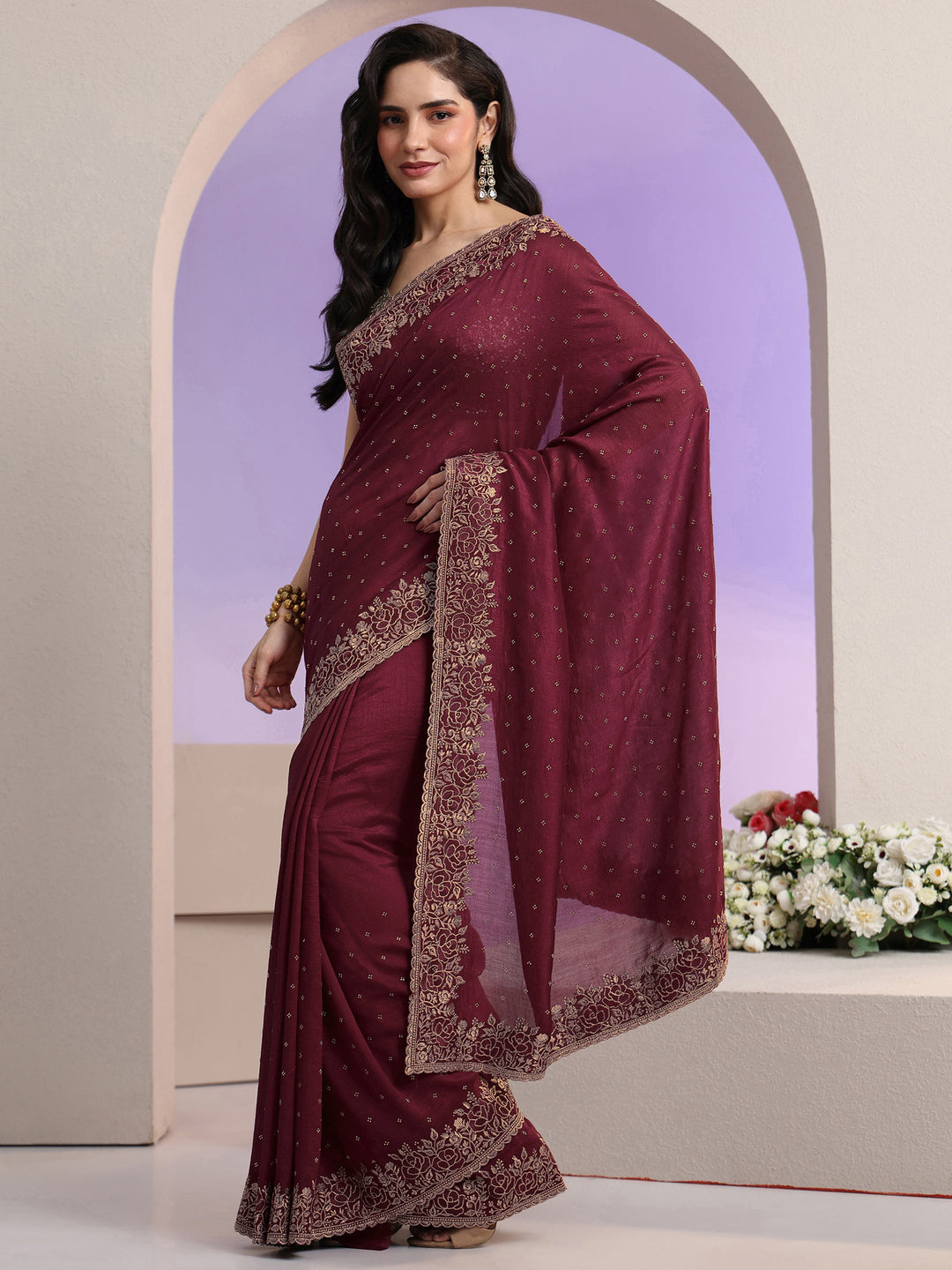  Libas Maroon Stone Work Embelllished Silk Blend Saree 