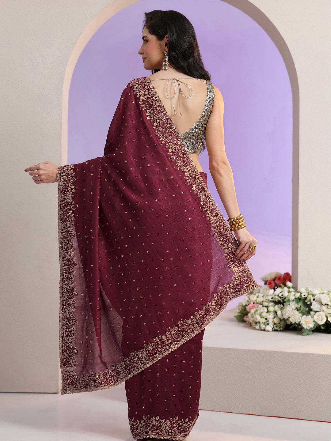  Libas Maroon Stone Work Embelllished Silk Blend Saree 