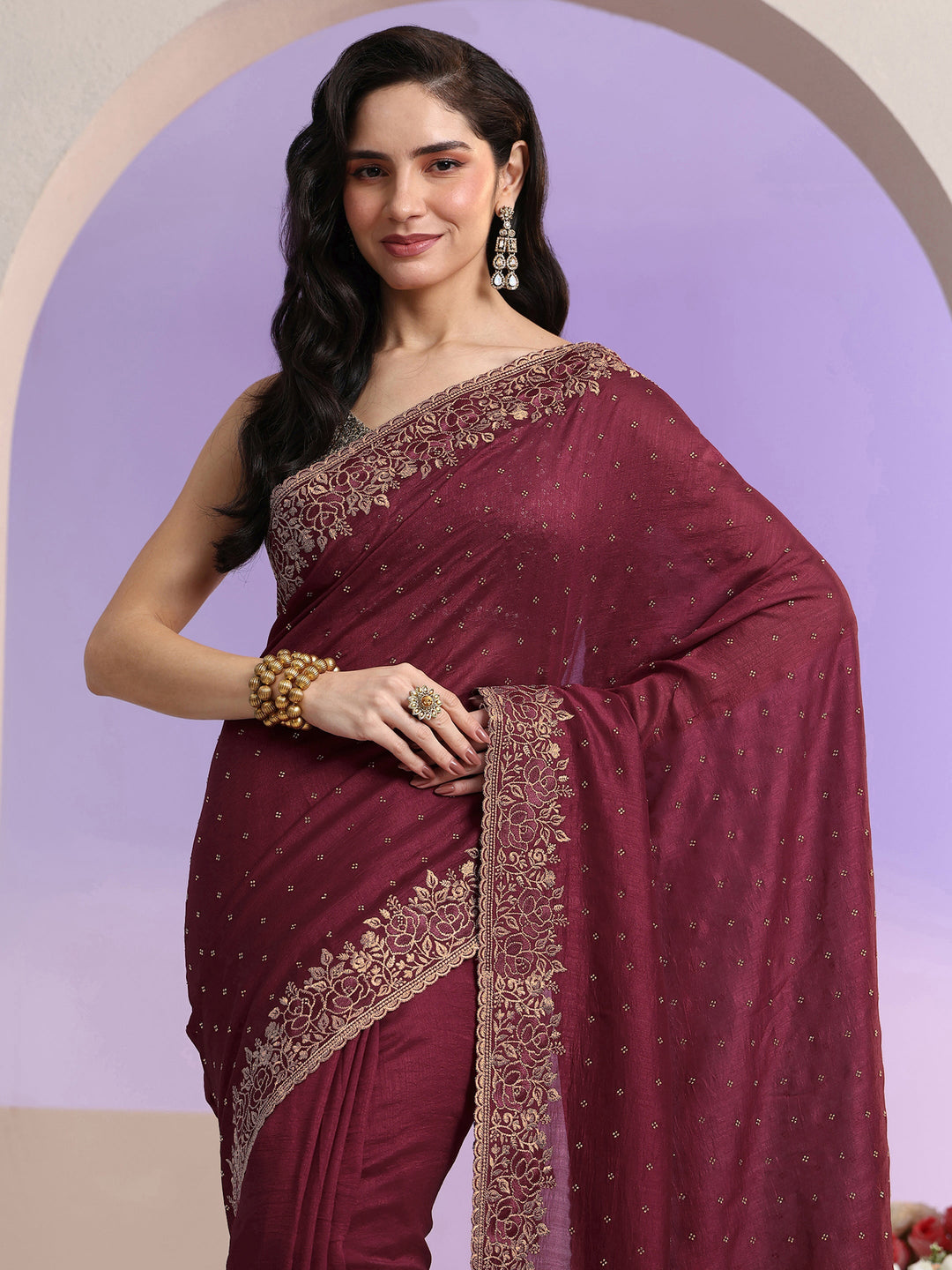  Libas Maroon Stone Work Embelllished Silk Blend Saree 