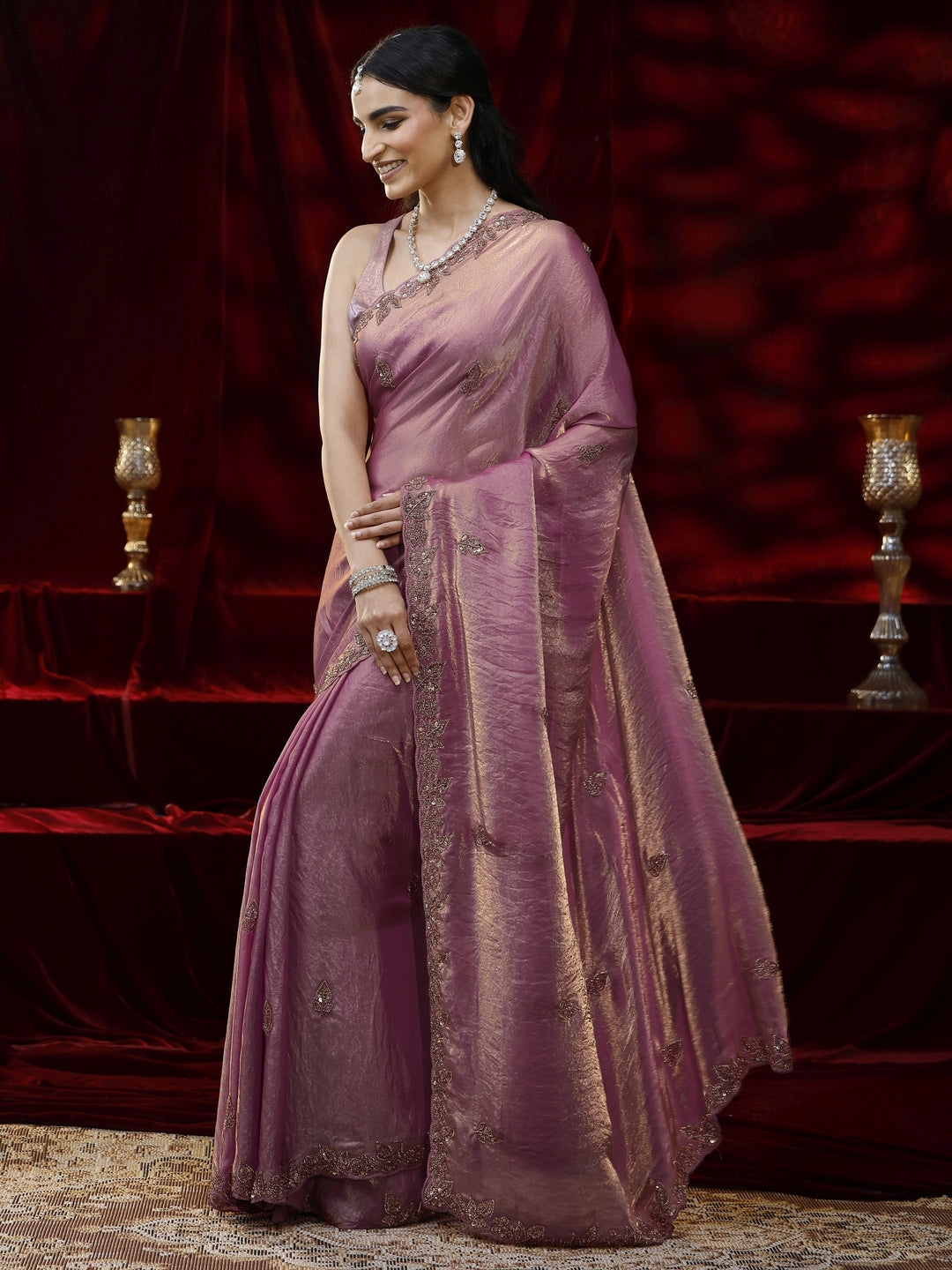  Libas Pink Embellished Tissue Saree 