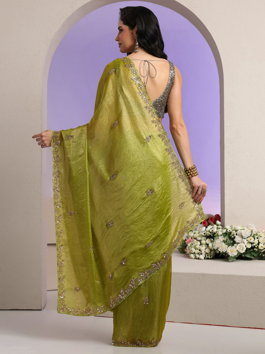  Libas Lime Green Embellished Tissue Saree 