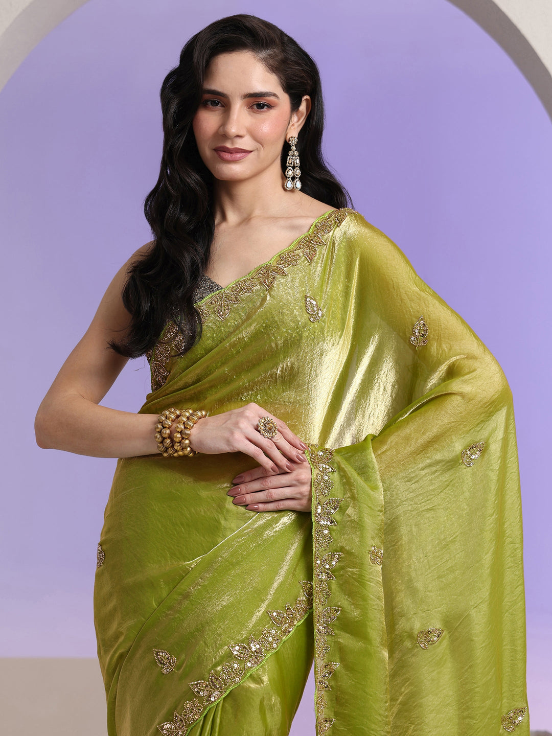  Libas Lime Green Embellished Tissue Saree 