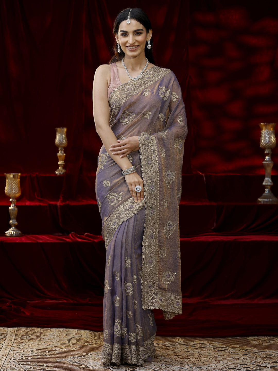  Libas Lavender Floral Embroidered Tissue Saree 