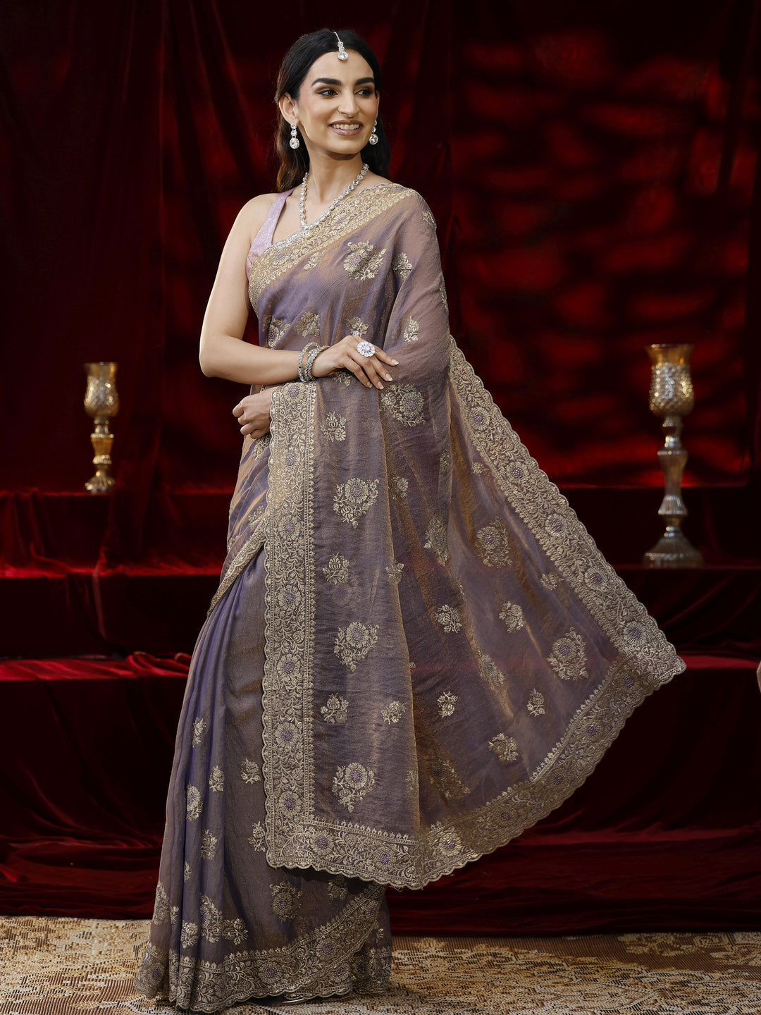  Libas Lavender Floral Embroidered Tissue Saree 
