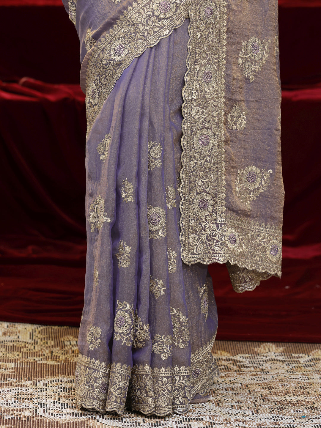 Libas Lavender Floral Embroidered Tissue Saree 