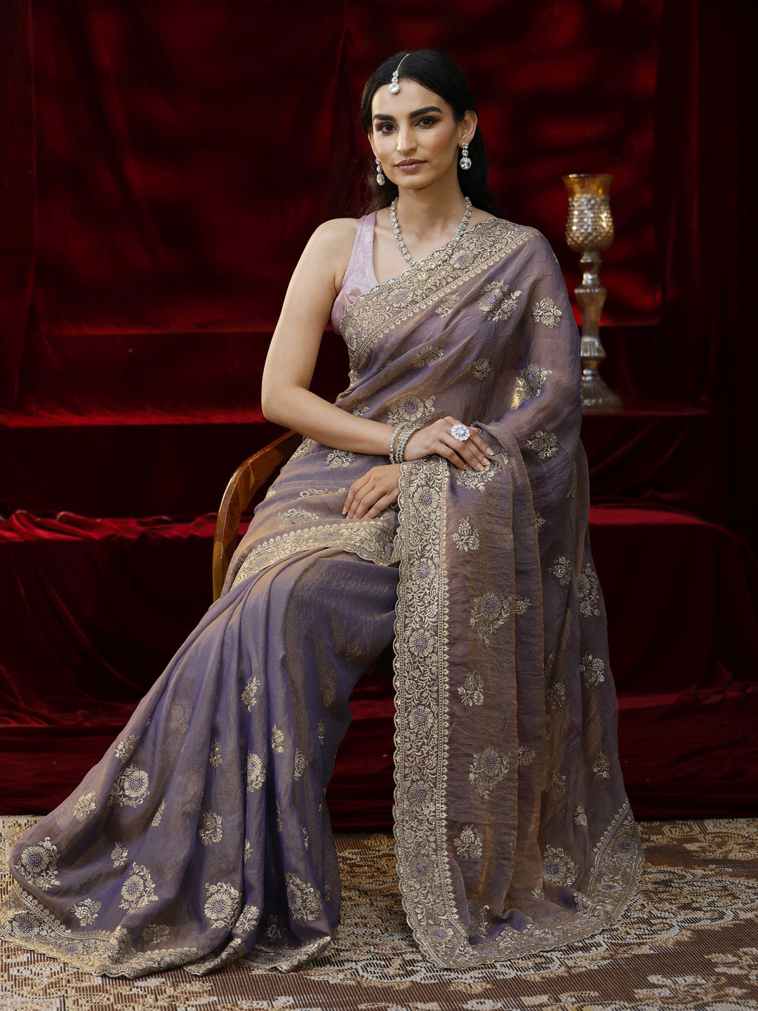  Libas Lavender Floral Embroidered Tissue Saree 