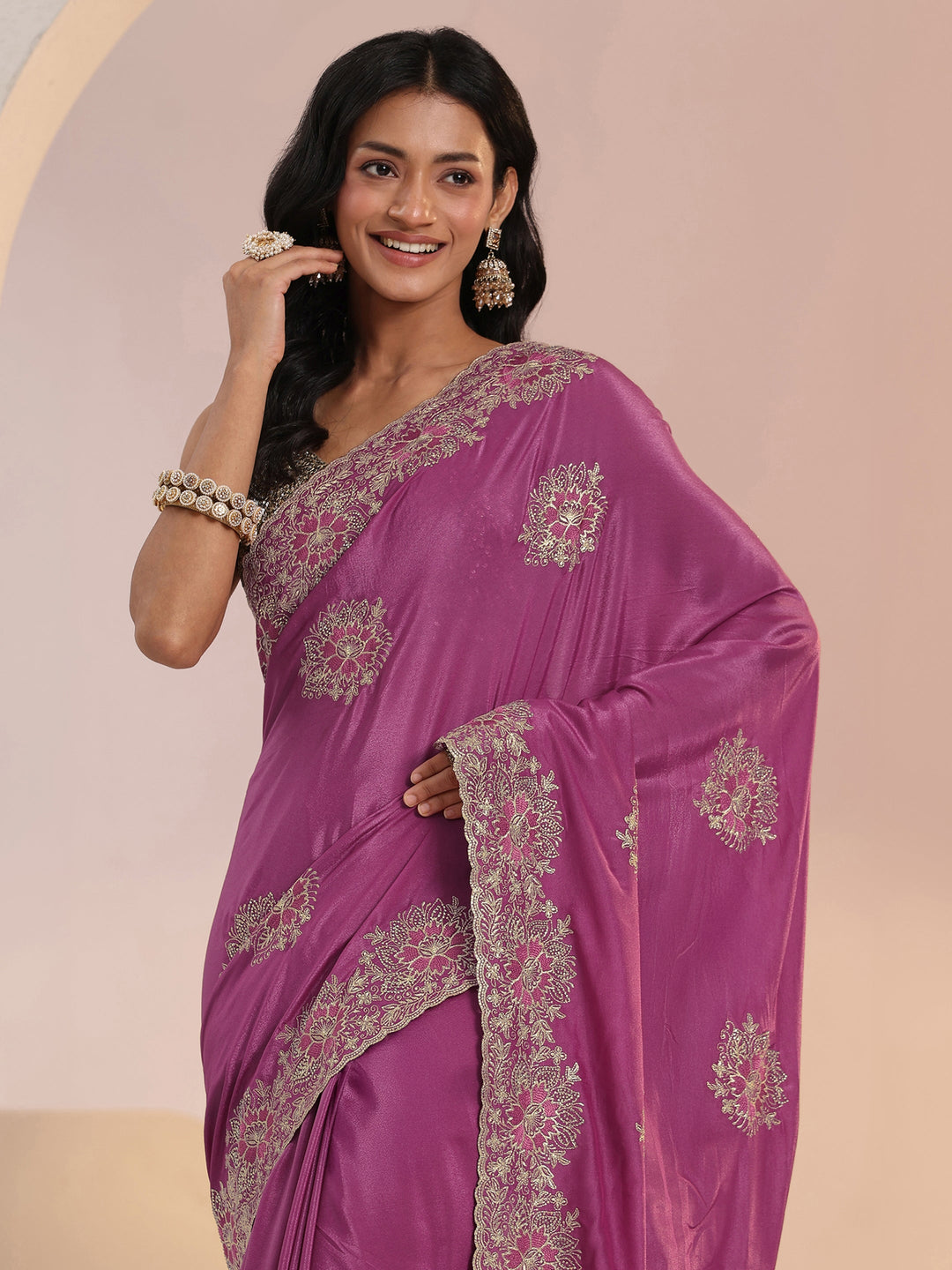  Libas Dusty Rose Pink Floral Embroidered Tissue Saree 