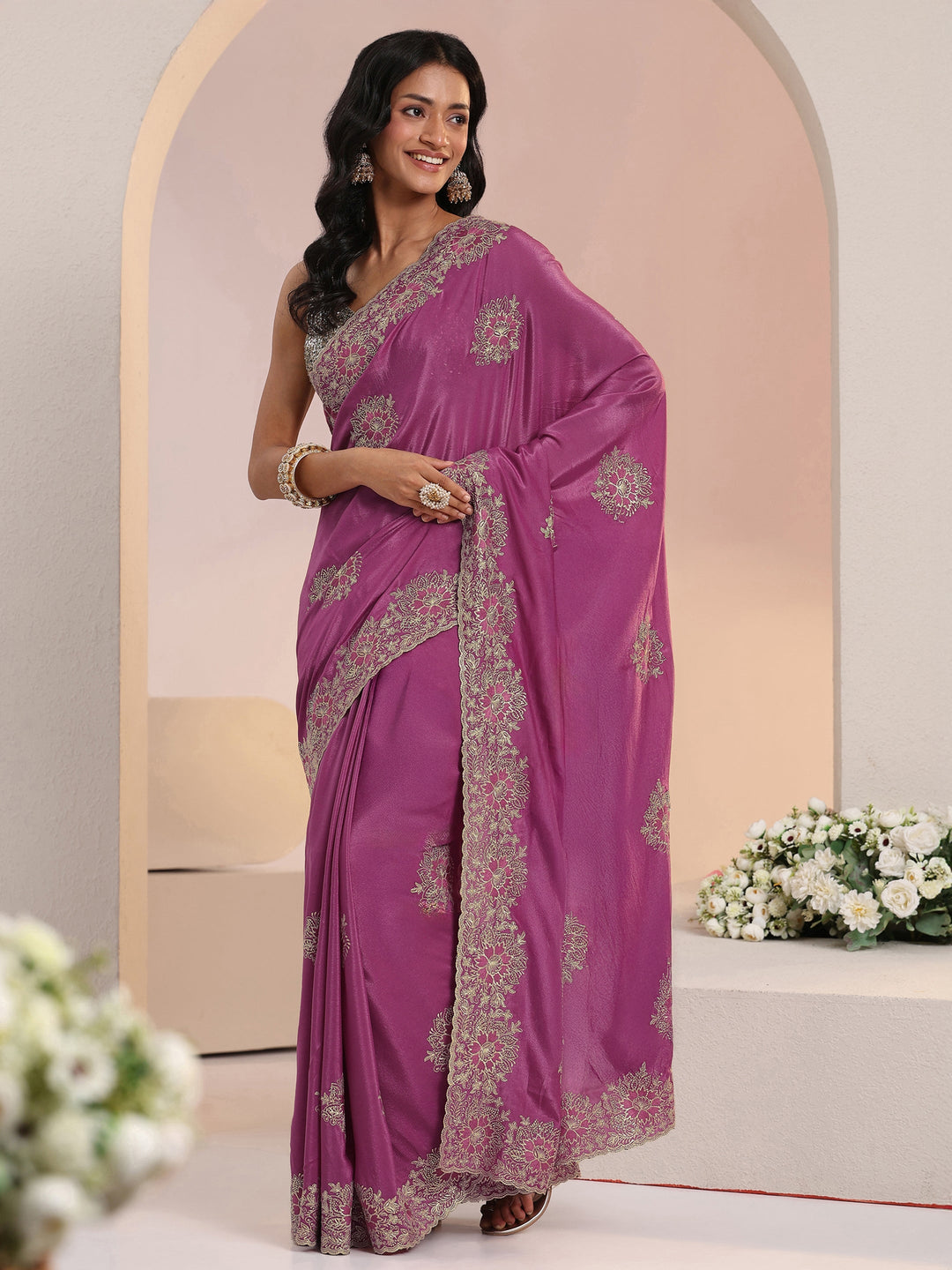  Libas Dusty Rose Pink Floral Embroidered Tissue Saree 