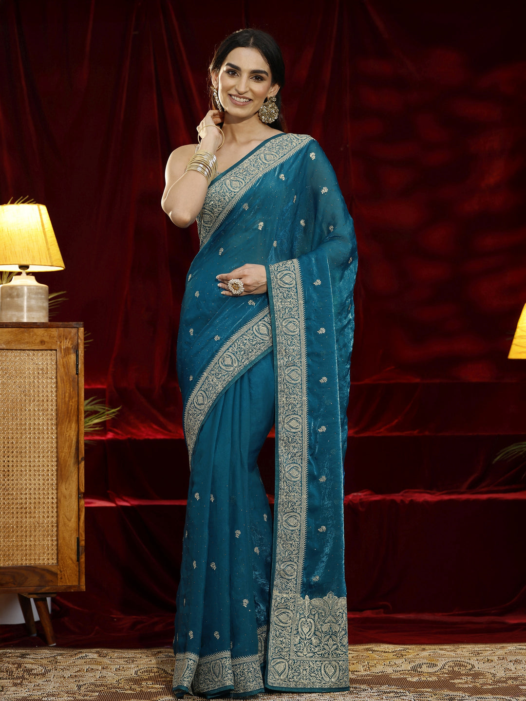  Libas Blue Floral Embroidered Tissue Saree 