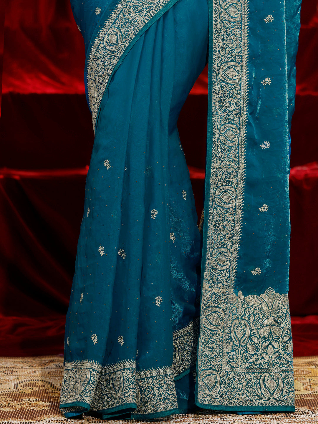  Libas Blue Floral Embroidered Tissue Saree 