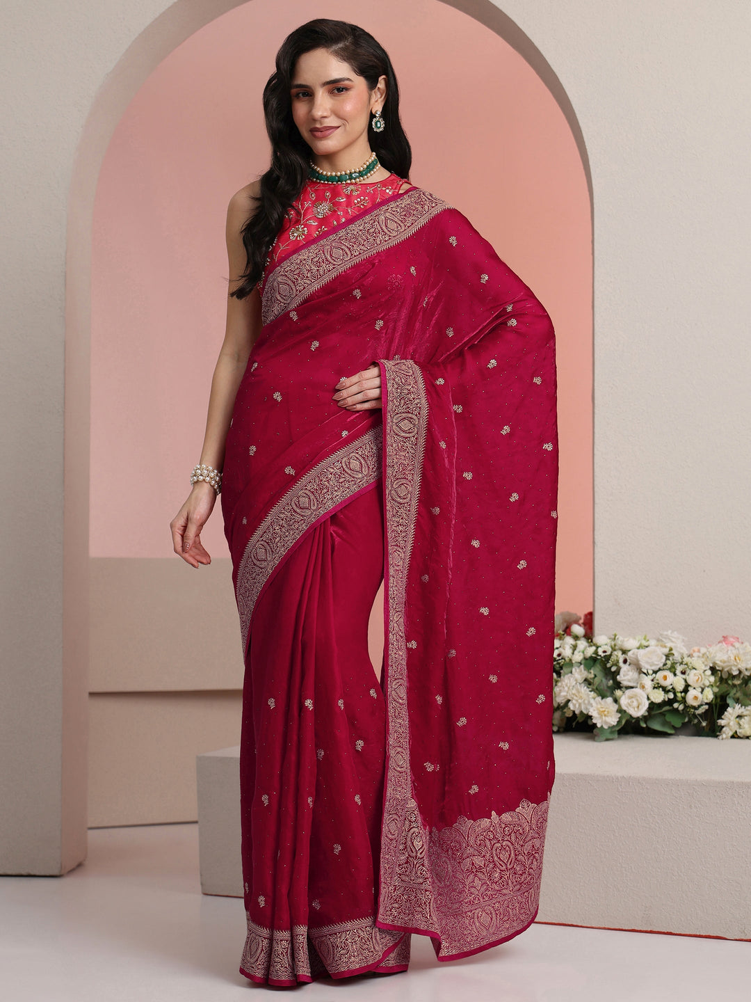  Libas Rani Pink Embroidered Tissue Saree 