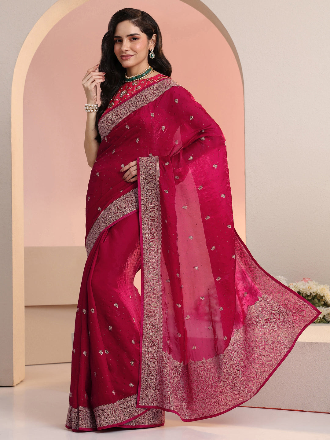  Libas Rani Pink Embroidered Tissue Saree 