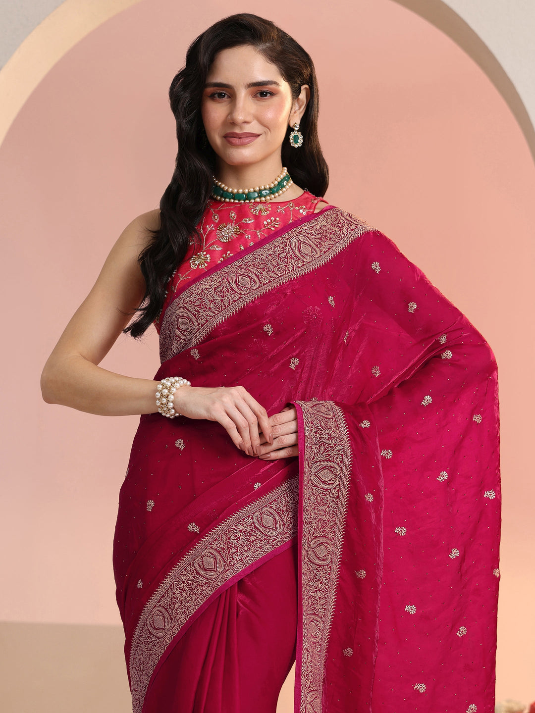  Libas Rani Pink Embroidered Tissue Saree 