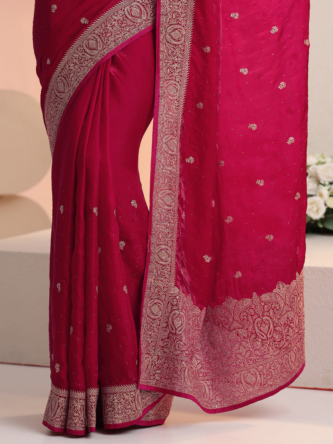  Libas Rani Pink Embroidered Tissue Saree 