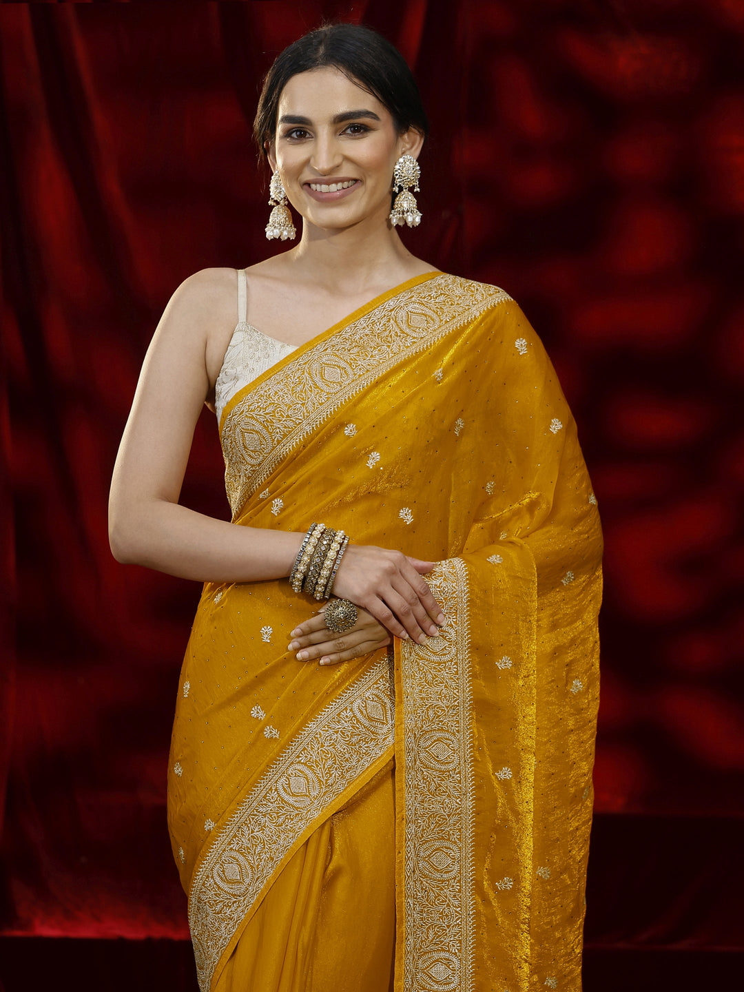  Libas Mustard Floral Embroidered Tissue Saree 