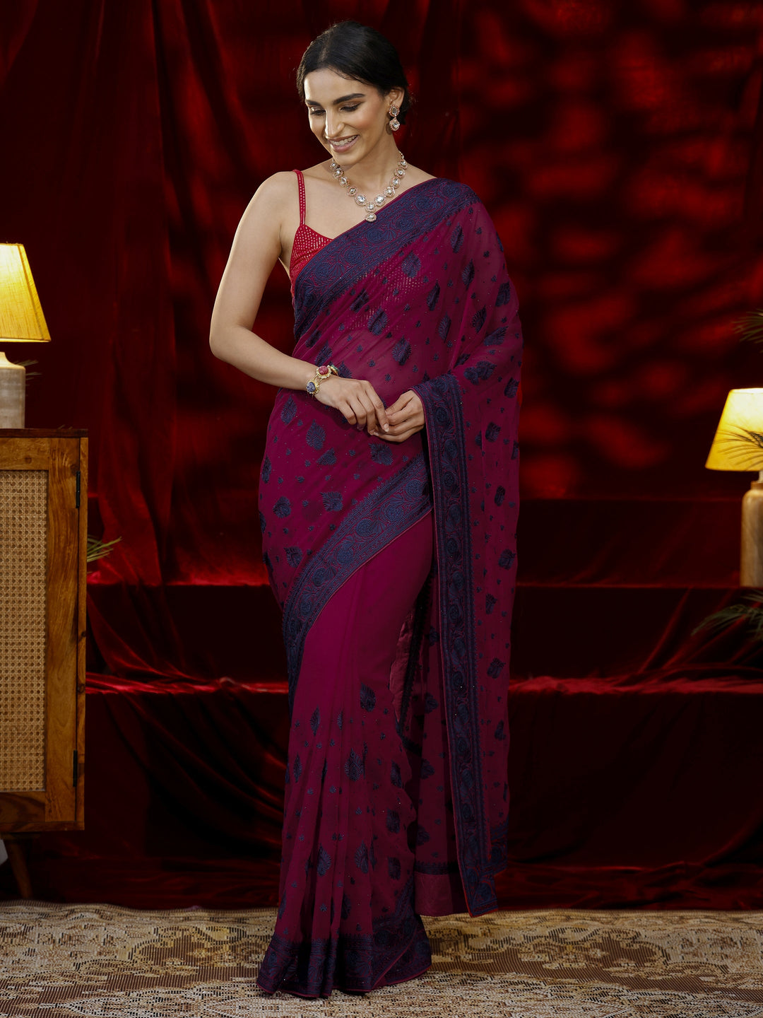  Libas Pink Embroidered Georgette Saree 