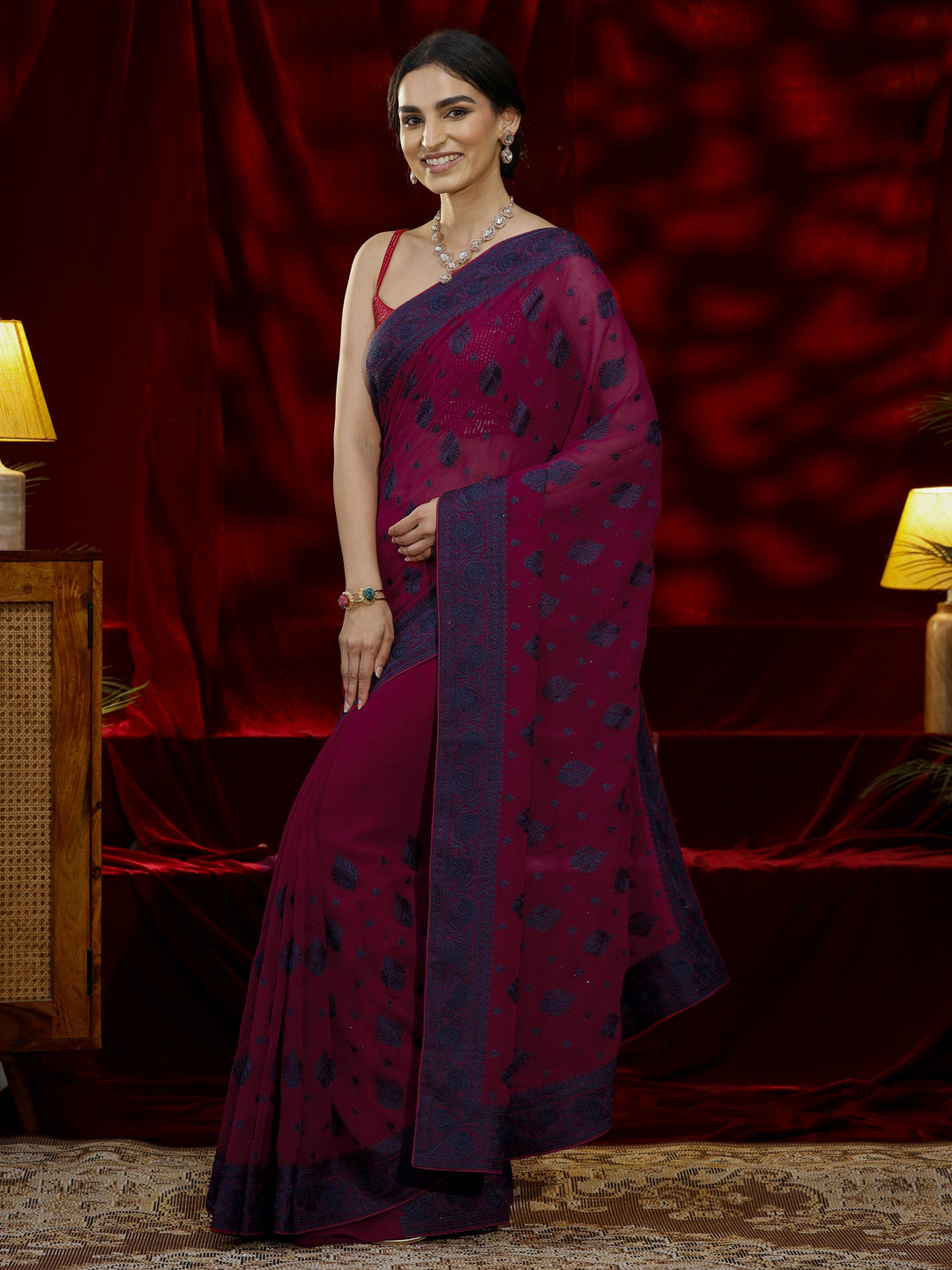  Libas Pink Embroidered Georgette Saree 