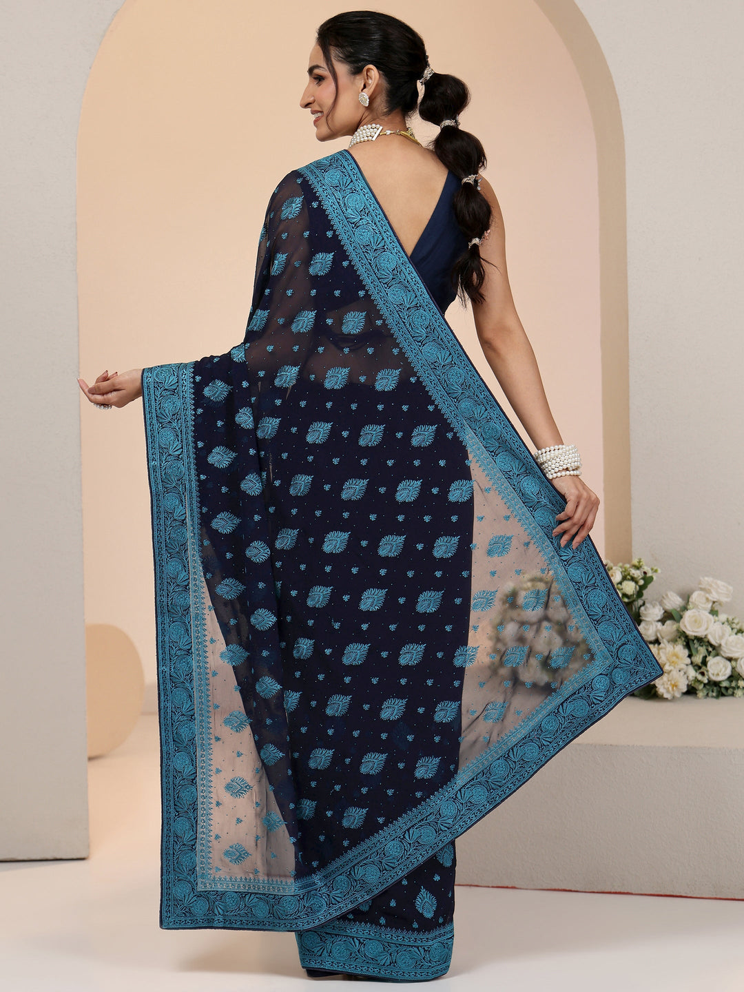  Libas Navy Georgette Saree with Embroidered Border 