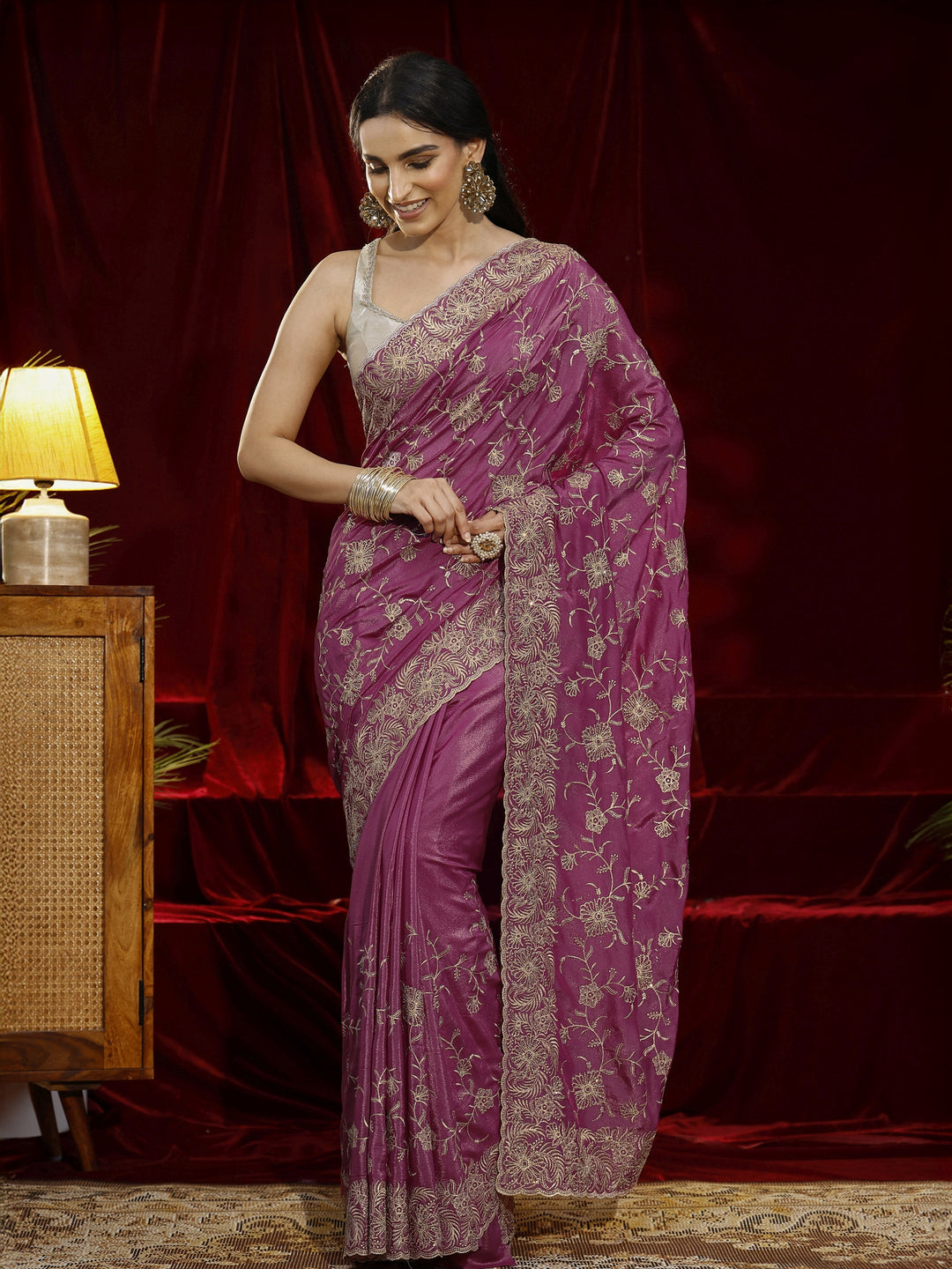  Libas Pink Floral Embroidered Satin Saree 