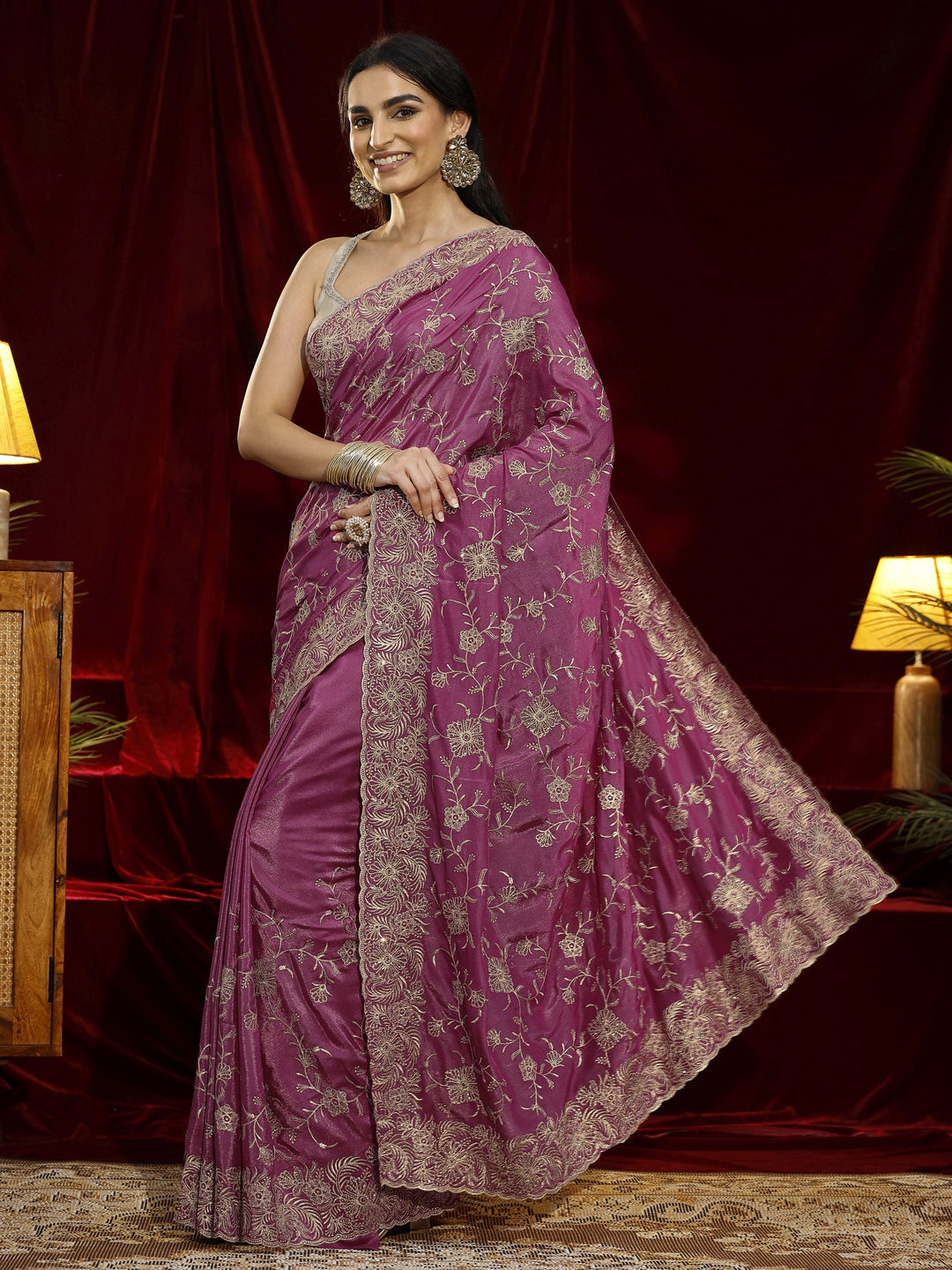  Libas Pink Floral Embroidered Satin Saree 
