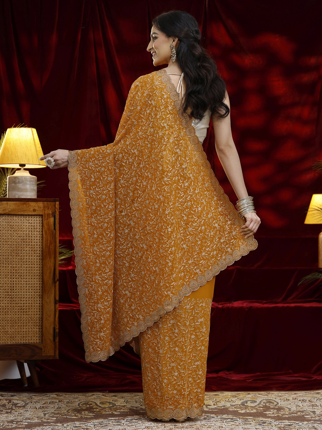  Libas Mustard Floral Embroidered Georgette Saree 