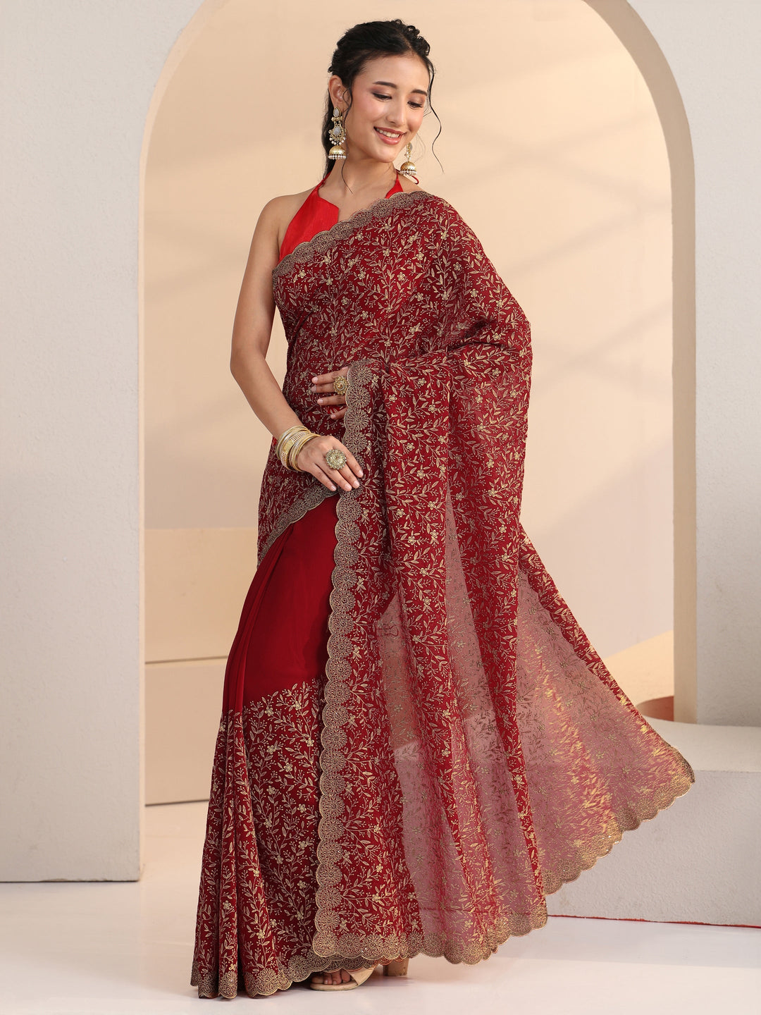  Libas Carmine Red Floral Embroidered Georgette Saree 