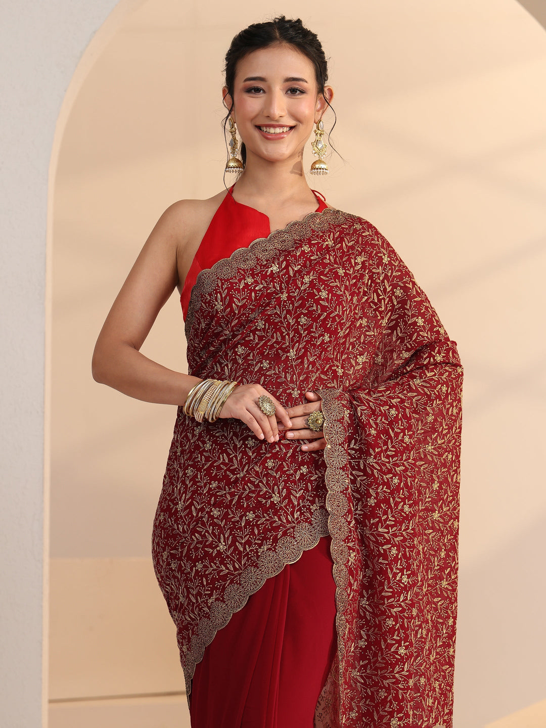  Libas Carmine Red Floral Embroidered Georgette Saree 