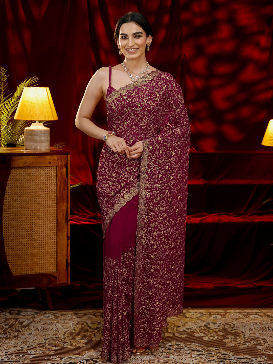  Libas Pink Floral Embroidered Georgette Saree 