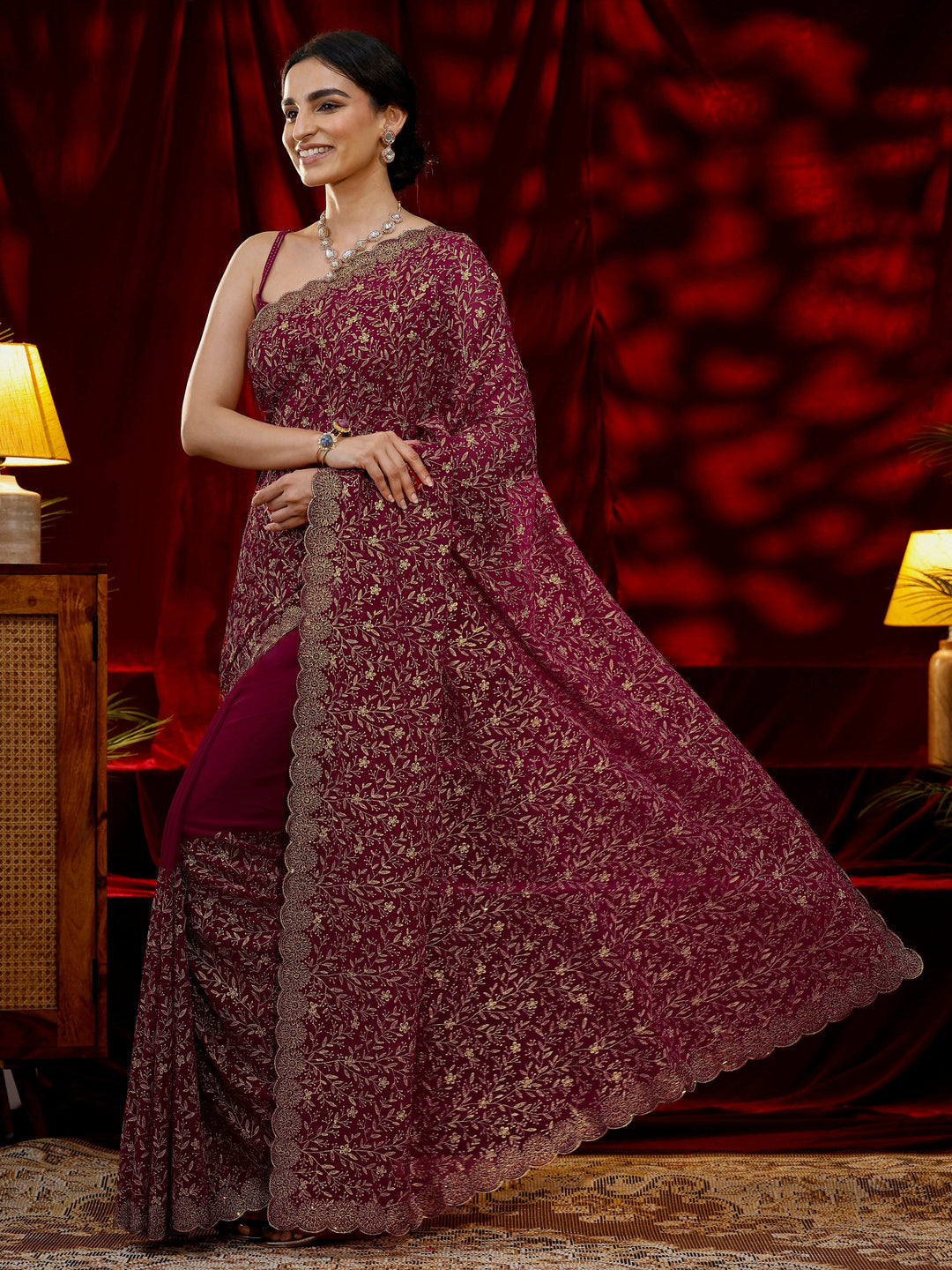  Libas Pink Floral Embroidered Georgette Saree 