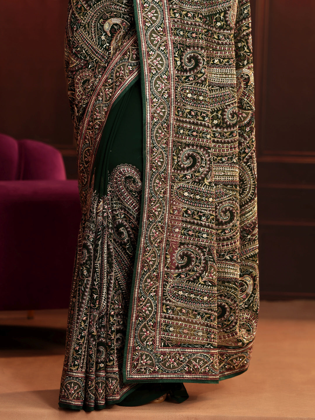  Libas Art Bottle Green Embroidered Georgette Saree 
