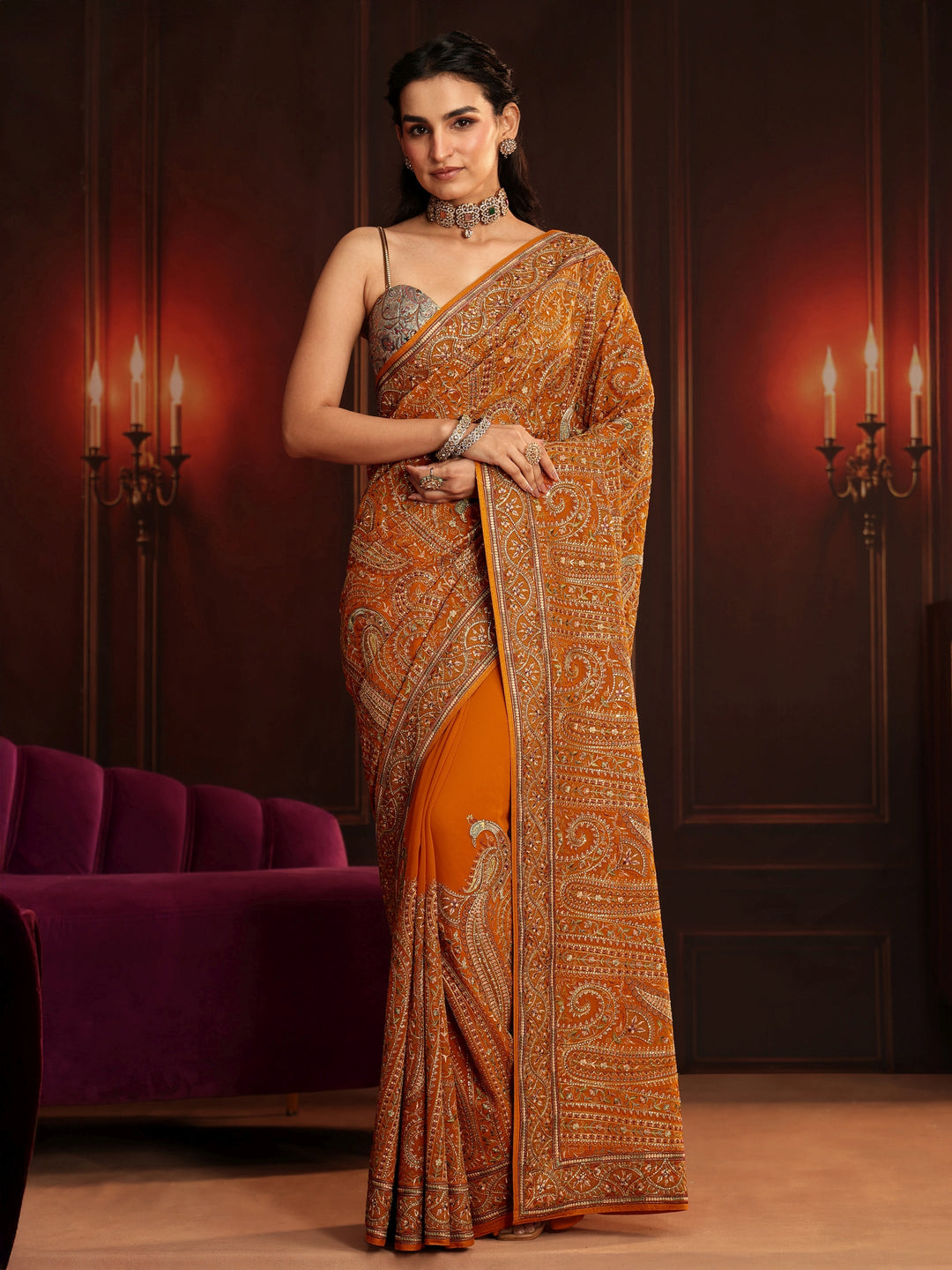  Libas Art Orange Embroidered Georgette Saree 