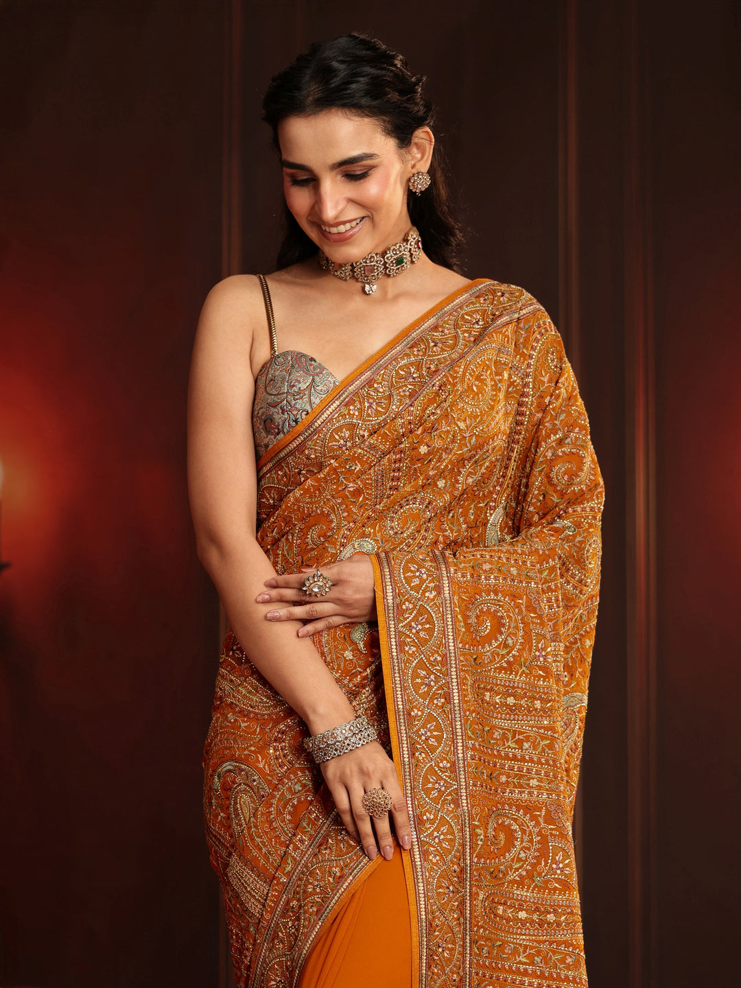  Libas Art Orange Embroidered Georgette Saree 