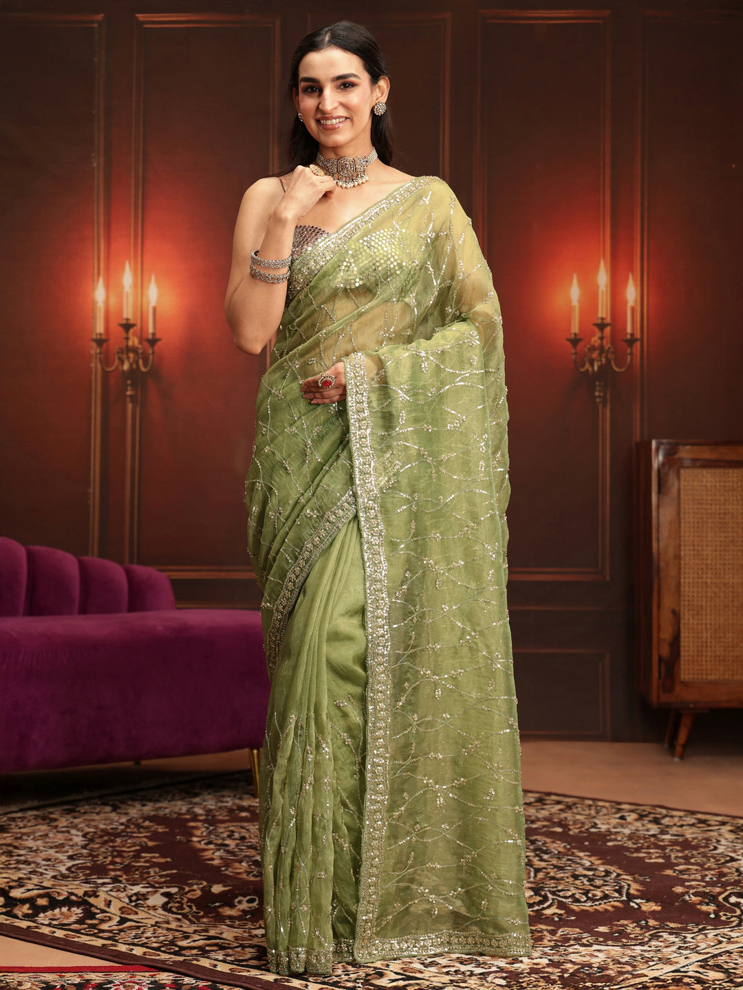  Libas Art Pista Green Embellished Tissue Saree 