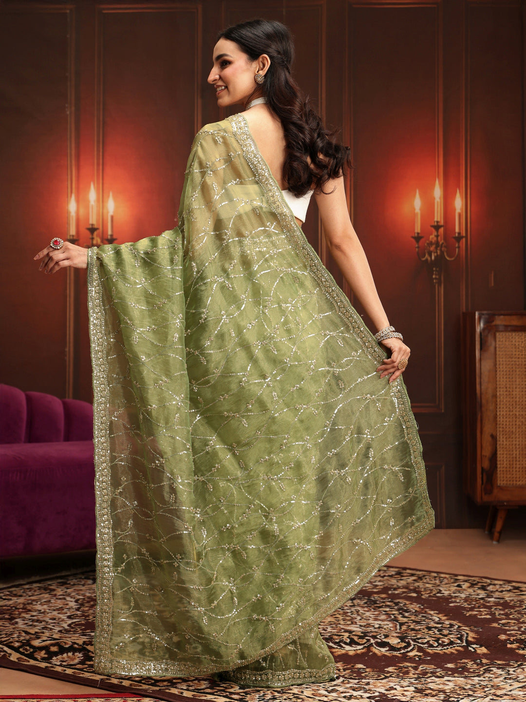  Libas Art Pista Green Embellished Tissue Saree 