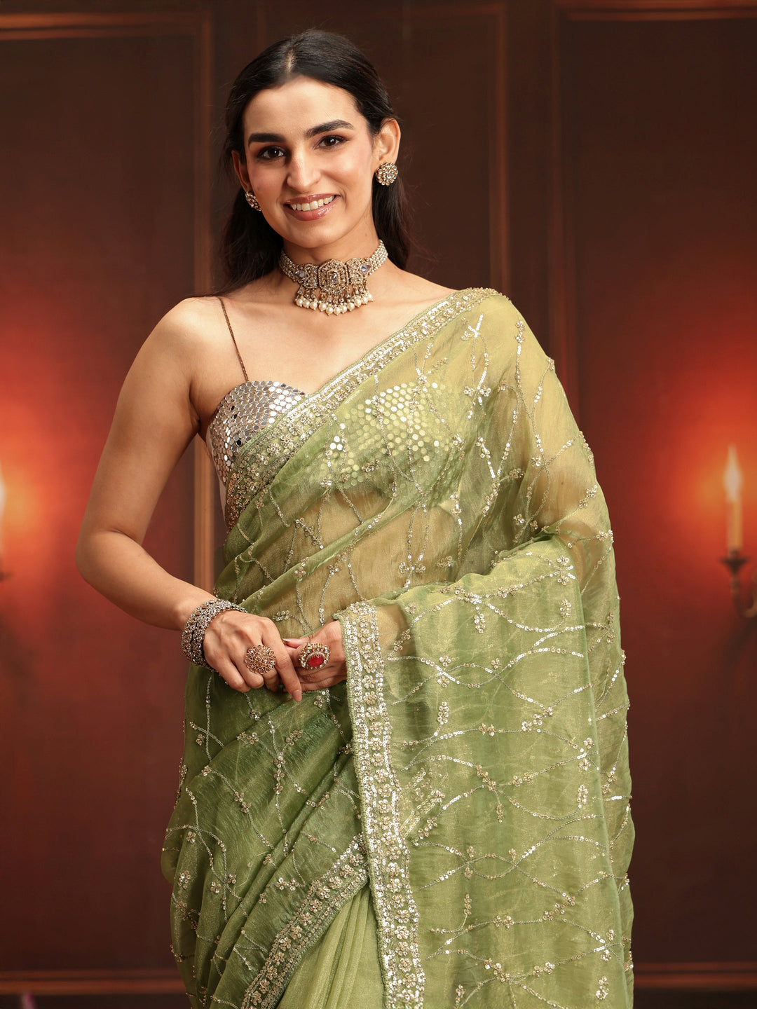  Libas Art Pista Green Embellished Tissue Saree 