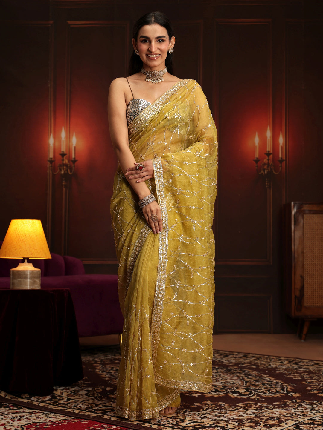  Libas Art Yellow Embellished Tissue Saree 