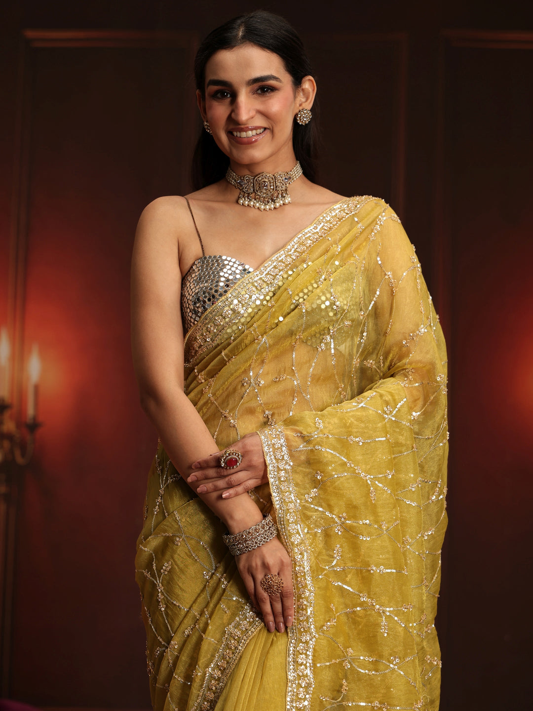  Libas Art Yellow Embellished Tissue Saree 