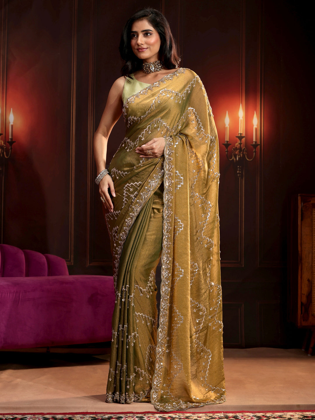  Libas Art Dusty Olive Green Embellished Tissue Saree 