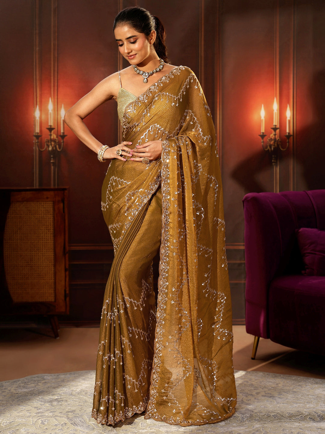  Libas Art Rust Brown Embellished Tissue Saree 
